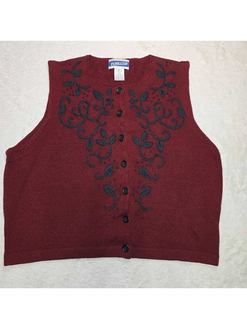 Vtg Pendleton Classic Sweater Vest Large L Burgundy Embroidered Wool Blend Boho